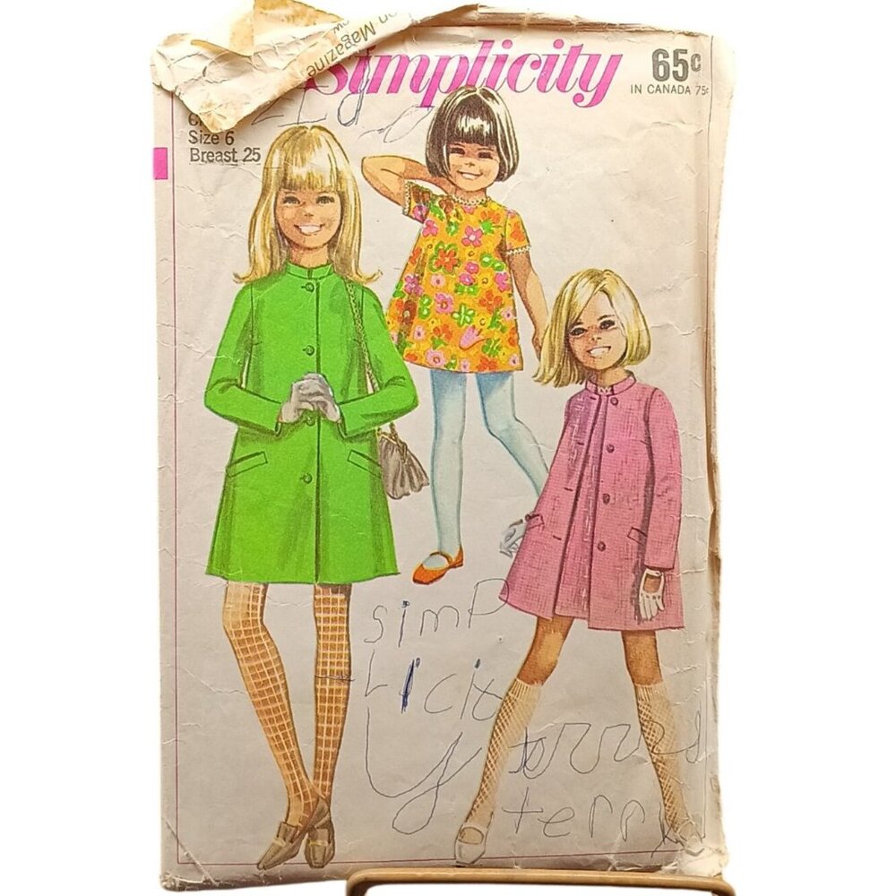 Simplicity 7569 Vintage 1968 Childs Coat & Dress Sewing Pattern Size 6 Breast 25